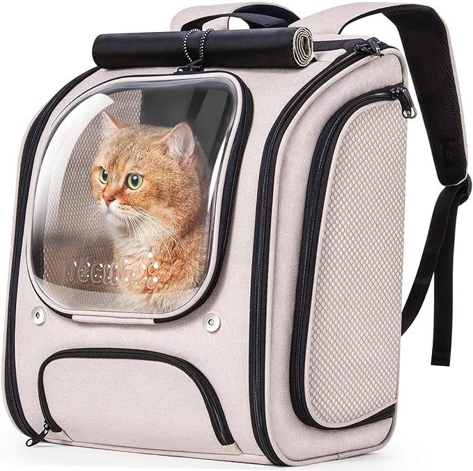 Pecute Cat Backpack Carrier, Large Space Cat Bubble Backpack, Breathable Cat Carrier, Shaded Dog Backpack Carrier, Ergonomic 3D Design for Travel, Hiking, Suitable for Shopping, and Vet, Khaki