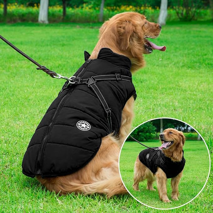 Aiboria Dog Coat for Winter Waterproof Dogs Jackets Windproof Fleece Small Dog Vest Harness Winter Padded Pet Black M
