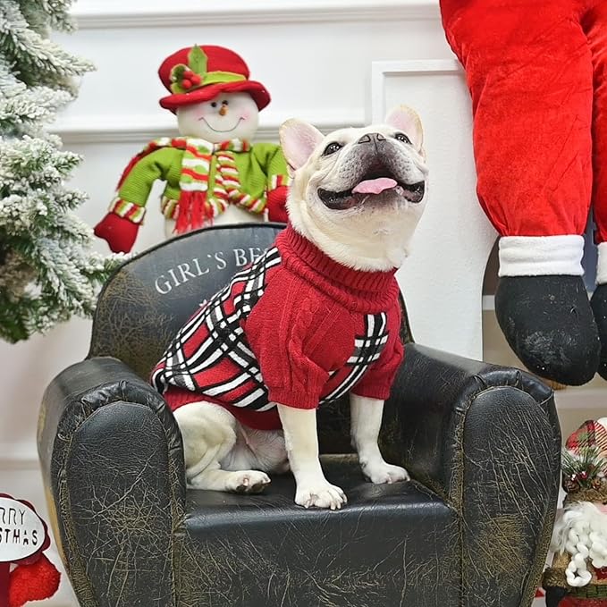 SCENEREAL Turtleneck Dog Sweater for Small Medium Large Dogs Girls Boys, Christmas Plaid Pullover Puppy Sweatershirt, Dogs Cold Weather Outfit Clothes, Ideal Gift for Pet in New Year, Red Plaid ML
