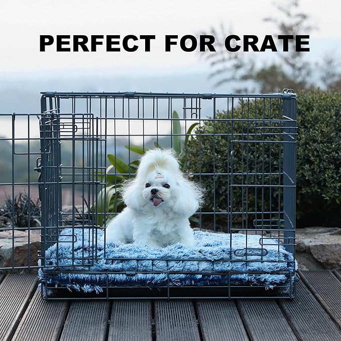Bedfolks Plush Waterproof Dog Crate Bed, Removable Washable Cover, Faux Fur, 17"x12", Dark Blue