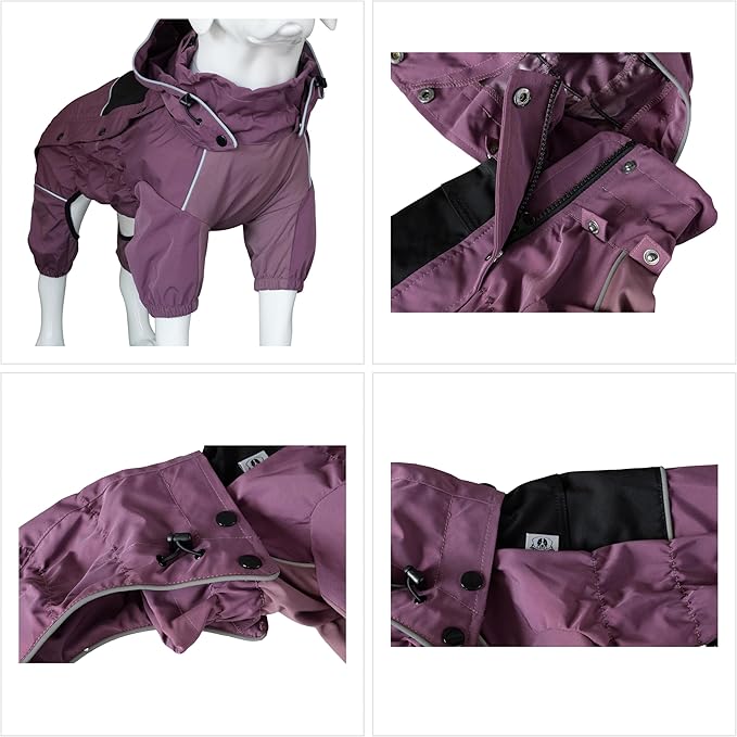 LOVELONGLONG Waterproof Dog Raincoat with Removable Hood – Outdoor Full Body Dog Jacket, Windproof Snowproof Shell Suit – All Season Pet Rain Gear Plum Purple M