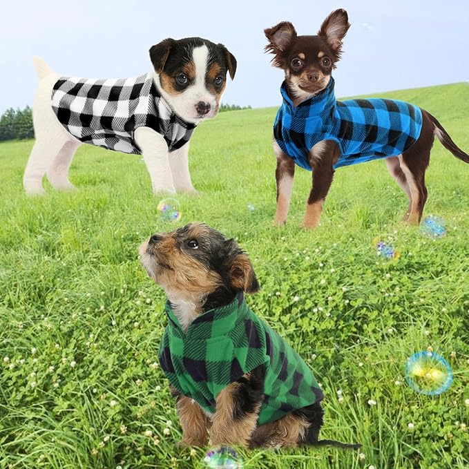 Kama Bridal 3 Pack Dog Coat - Spring, Autumn, Winter - Fleece Vest for Cats & Small/Medium Dogs - Blue, Green, Black Plaid (S)