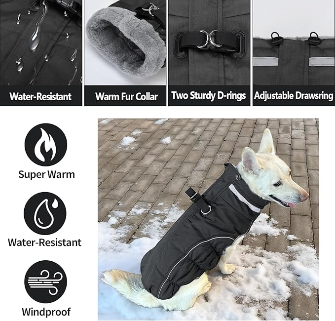 Malier Dog Coat, Reflective Dog Jacket Waterproof Windproof Puppy Cold Weather Coats with Harness Built in, Winter Extra Warm Pet Coat Fleece Vest for Small Large Pets and Puppy (Black, XX-Large)