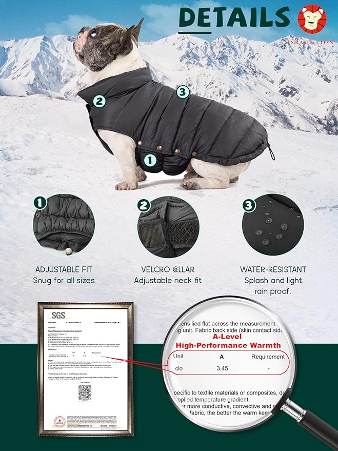SPACE LION Dog Puffer Jacket, Down Winter Coat, Durable Outdoor Coat for Cold and Windy Conditions, Waterproof, Lightweight Jacket, Adjustable Fit for Small, Medium, Large Dogs(Onyx Black,28/4XL)