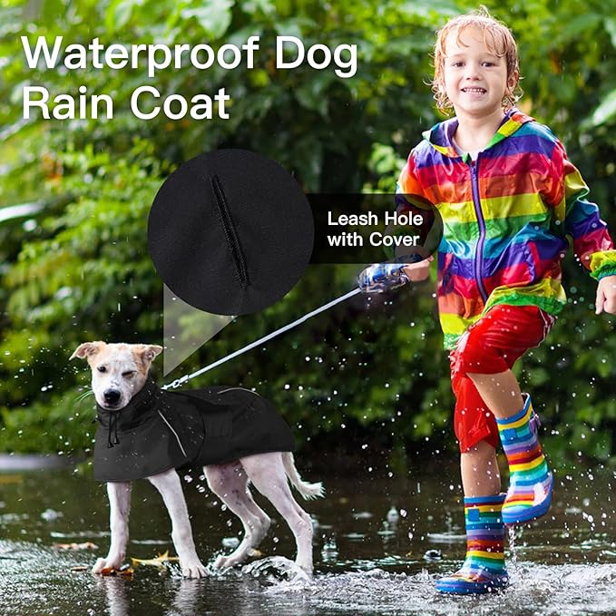Large Dog Raincoat, Reflective Waterproof Rain Jacket with Convertible Hood/Collar, Lightweight Adjustable Dog Poncho with Leash Hole Full Coverage (Black, L)