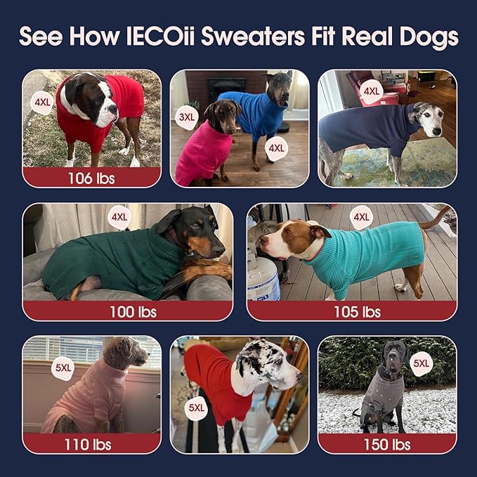 IECOii Great Dane Sweater,5XL Extra Large Sweater for Giant Breed Dogs in Winter,Turtleneck Cold Weather Knit Clothes,Machine Washable,Elastic Pullover for Saint Bernard,Mastiff (Black,XXXXXL)