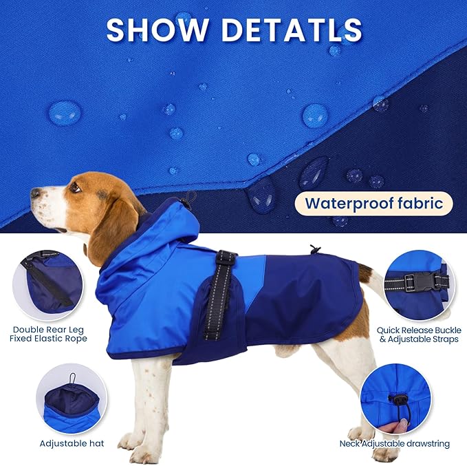 BRKURLEG Dog Raincoat Adjustable Dog Rain Jacket with Hood Dogs Waterproof Rainproof Jacket with Leash Hole Pet Poncho Rain Coat Poncho with Reflective Strip, Blue, L