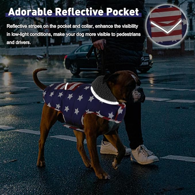 Dog Coat, Waterproof Dog Winter Jacket with Pocket, Reflective Adjustable Pet Snow Vest, Warm Cozy Fleece Sweater for Small Medium Extra Large Dogs - American Flag, S