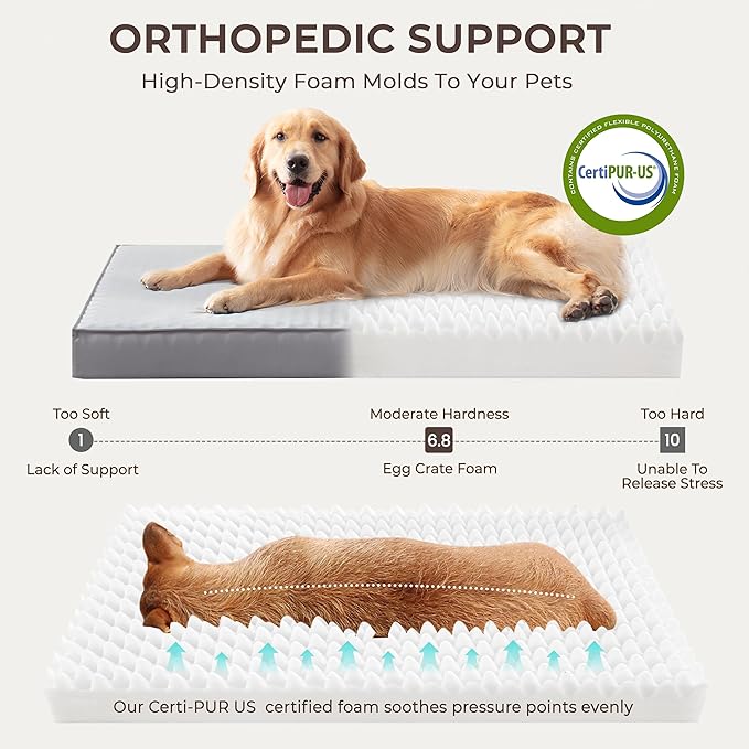 Orthopedic Dog Bed for Ctrate, Waterproof PillowTop Pet Bed for Medium Large Size Dogs, Egg-Crate Foam Dog Crate Mat with Removable Washable Cover, 2-Layers Kennel Pad 55"L x 42"W, Light Grey