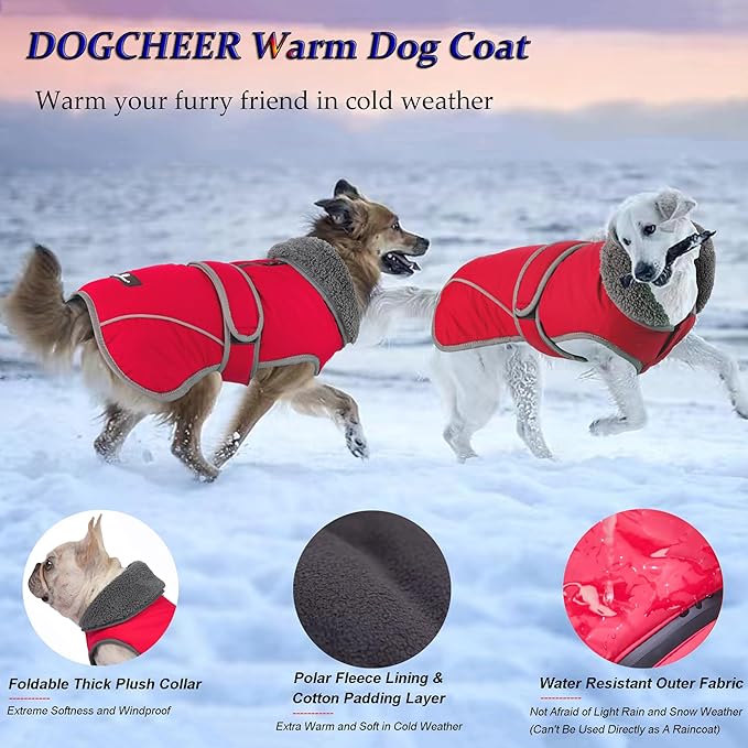 Dogcheer Dog Coat, Waterproof Dog Jacket Reflective Pet Winter Coat with Adjustable Hook & Loop, Christmas Puppy Fleece Jacket Warm Turtleneck Snowsuit for Small Medium Large Dogs - Red, XL