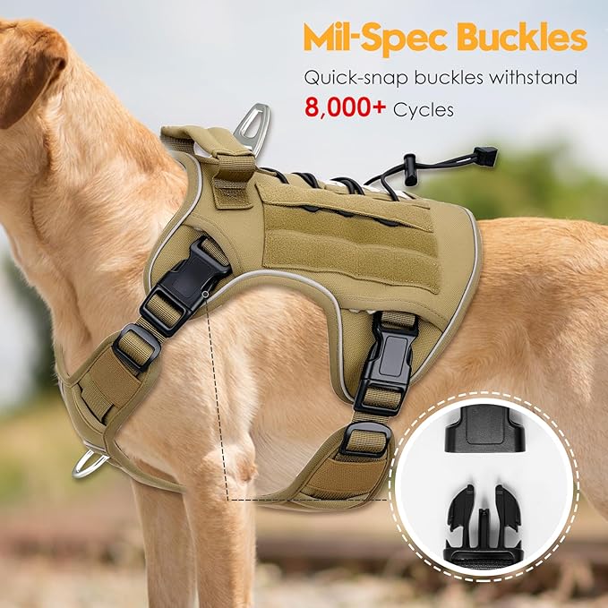Heavy-Duty Tactical Dog Harness for Large Dogs, No Pull Adjustable Reflective Pet Vest with Molle System, K9 Military-Grade Control for Service Training, Outdoor & 10+ Breeds, Khaki, Large