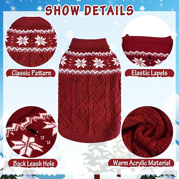 Warm Winter Pink Dog Sweater - Cold Weather Pet Clothes for Small Medium Large Dogs Indoor Outdoor, Soft Classic Knit Puppy Apparel Coat, Dark Red, L