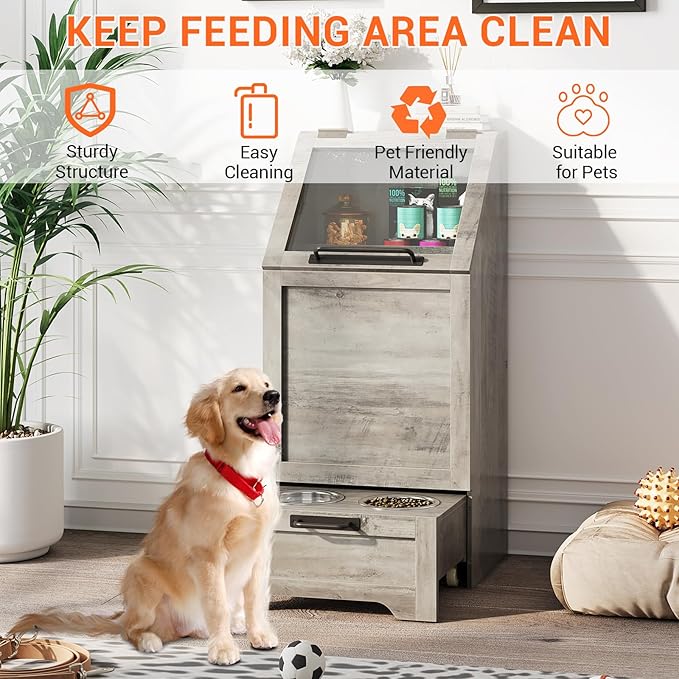 Dog Feeding Station with Storage Cabinet, 2 Elevated Bowls, FILP Top Food Storage Cabinet Container, Pet Feeding with 3 Hooks, Farmhouse Dog Feeder Station, Grey