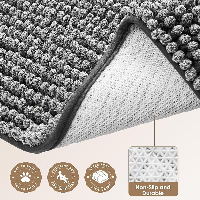EHEYCIGA Super Absorbent Dog Door Mat for Muddy Paws 36x24 Inch Indoor, Front Doormat Outside Entrance, Quick Dry Chenille Washable Dog Crate Bed, Non-Slip Pet Rug Mud Mat Outdoor Entryway, Grey