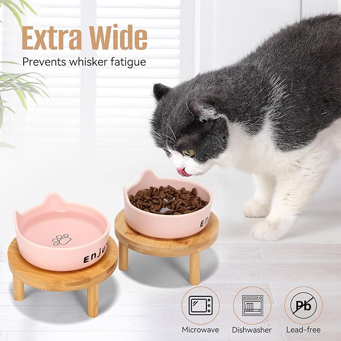 3PCS Elevated Cat Bowls,Wide Raised Ceramic Pet Dishes with Bamboo Stand, Whisker Friendly Pet Water or Food Plates Feeding Station for Indoor Small Dogs, Kitten (Pink(3PCS))