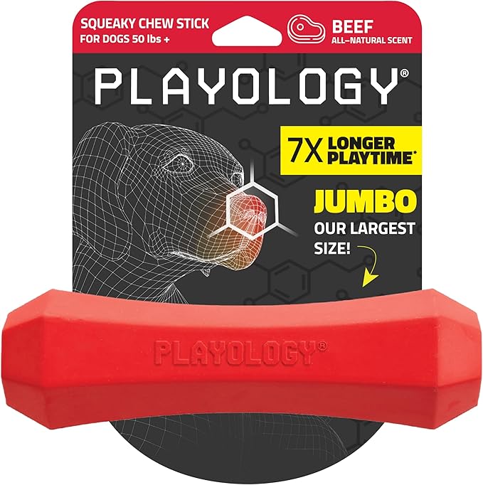 Playology Dog Toys | Durable Squeaky Chew Stick for Dogs | Jumbo Beef Scented Toy - Easy to Clean and Made from Non Toxic Materials