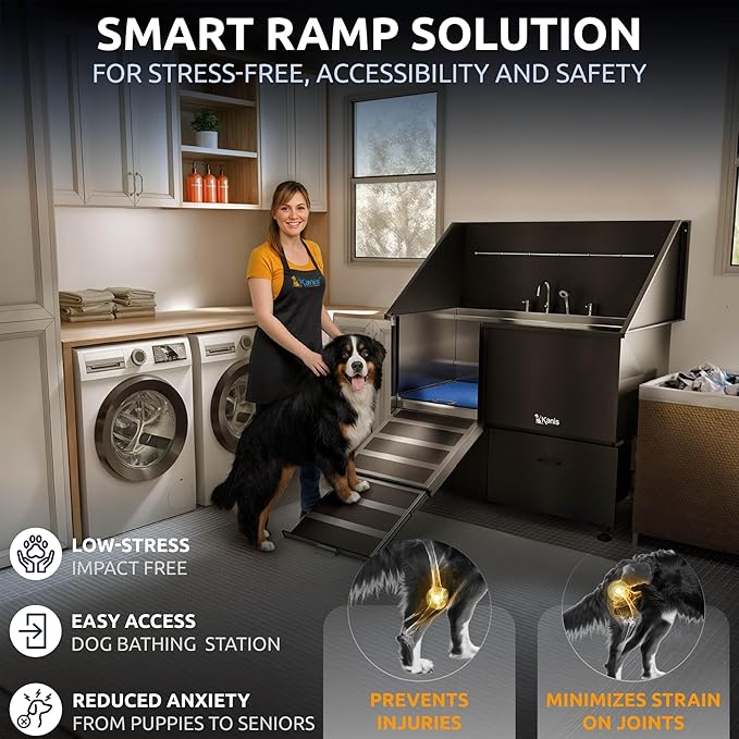 KANIS Black Line Professional Dog Washing Station - 304 Stainless Steel Pet Wash Sink & Grooming Bathtub w/Shower, Floor Grates and Storage for Large, Medium & Small Pets (50", 2 Drawers - Left Ramp)