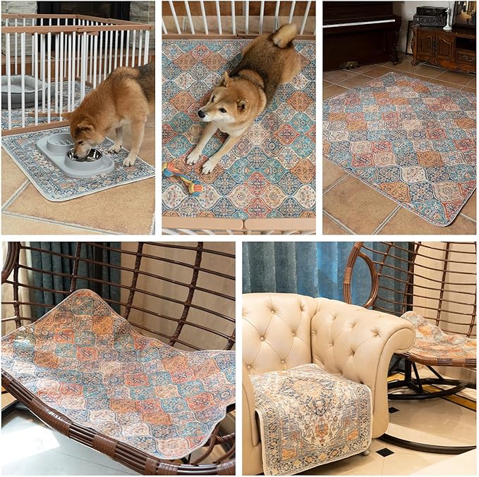 nunubaby Washable Pee Pads for Dogs, Stylish, Non-Slip and Leak-Proof Pee Pads. Reusable Potty Pads for Dogs for Crates and Floors.(Blue/Multi, 48" x48" )