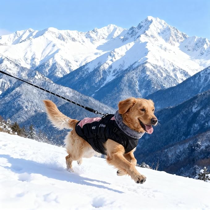 Dog Coat for Medium Large Dogs,Waterproof Reflective Dog Winter Jacket with Harness, Fleece Snowsuit,Warm Pet Winter Coat(Pink-XL)