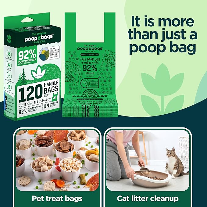 The Original Poop Bags® Tie-Handle Dog Waste Bags, 92% Plant-Based, USDA Certified, Heavy Duty, Large (240 Count (Pack of 2))