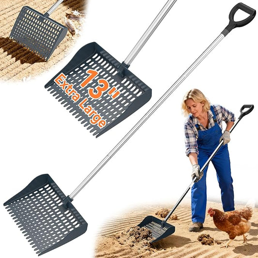 Chicken Poop Scooper & Rake 2-in-1, Pooper Scooper with 13in Wider PP Head & Adjustable Stainless Steel Handle, 33''-69'' Sand Sifting Shovel Litter Scooper for Chicken Coop/Small Farm Animals, Gray