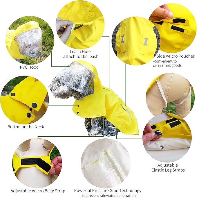 Dog Raincoat,Waterproof Rain Poncho with Hoodie, High Reflective Adjustable Pet Rain Jacket with Leash Hole for Small Medium and Large Dogs (Yellow, X-Small)