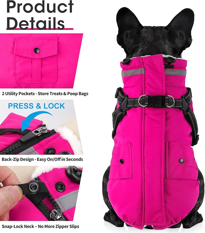 Dogcheer Dog Coat with Harness, Waterproof Warm Dog Winter Jacket with Pockets, Reflective Pet Fleece Jacket Turtleneck Snowsuit for Small Medium Large Dogs - Pink, M