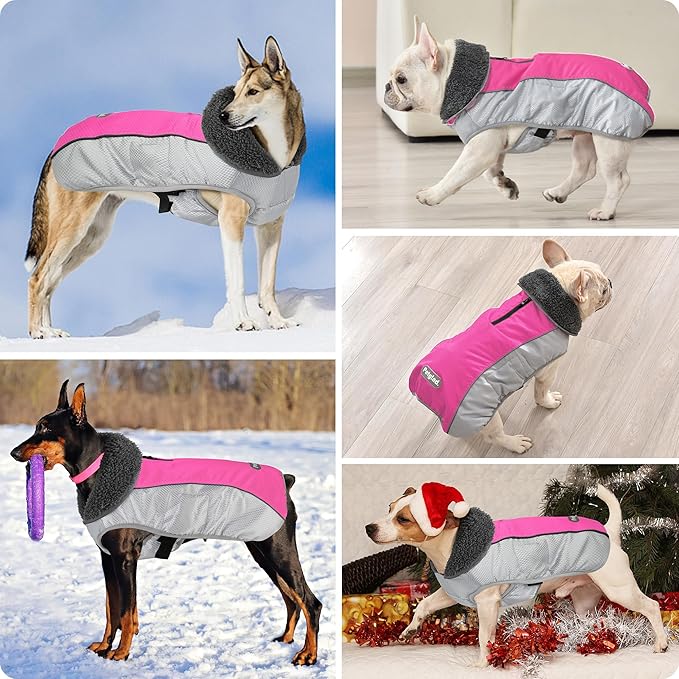 Dog Coat, Waterproof Ripstop Dog Winter Jacket with Leash Hole, Reflective Adjustable Warm Pet Fleece Snow Sweater for Small Medium Large Dogs - Pink, M