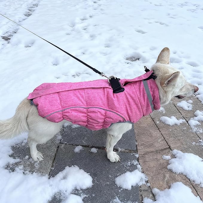 Malier Dog Coat, Reflective Dog Jacket Waterproof Windproof Puppy Cold Weather Coats with Harness Built in, Winter Extra Warm Pet Coat Fleece Vest for Small Large Pets and Puppy(Pink, Medium)