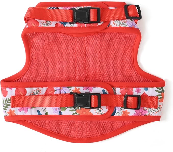 Mile High Life Dog Harness, Air Mesh Floral Vest Harness for 20 lbs Small Dogs & Cats, Easy Get on Adjustable Easy Closures Both Neck and Chest(Red Flower, M Chest 18"-20")