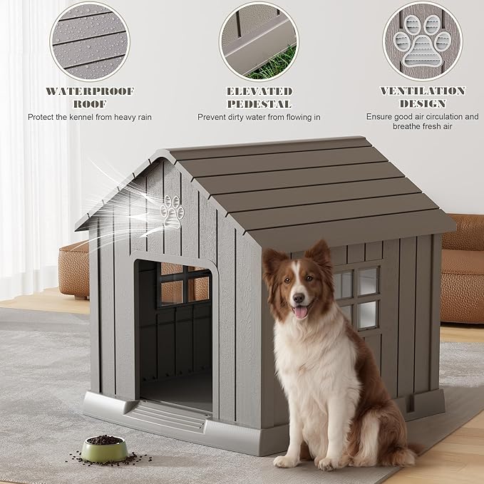 Dog House for Outdoor & Indoor Use with Window, Waterproof Ventilated Kennel with Elevated Floor, Easy to Clean Shelter for Small Medium Large Dogs (Grey, 37.2" L x 40" W x 40" H)