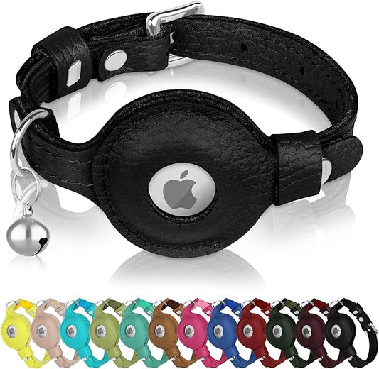 OOPSDOGGY Cat Collar for AirTag Holder, Leather Kitten Collars with Elastic Strap & Bell, Non Breakaway Adjustable Small Pet Collars for Indoor & Outdoor for Boy, Girl (Black)