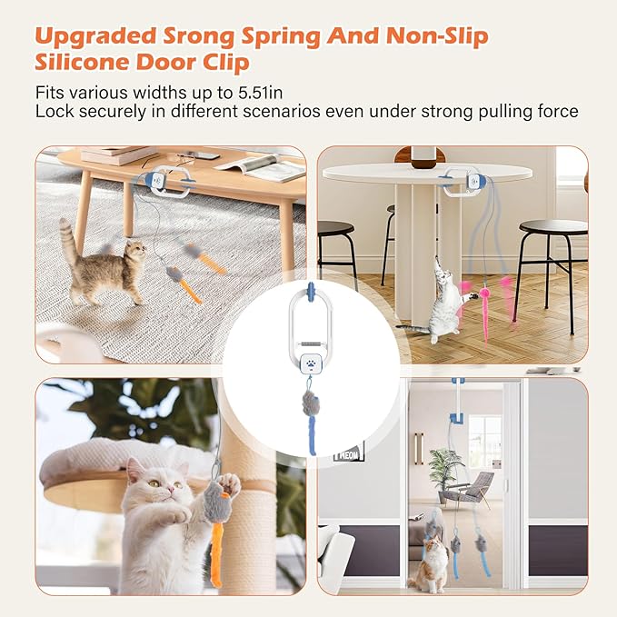 Rechargeable Electric Cat Teaser with Remote – Interactive Door Clip Toy for Cats, 2 Motion Modes (360° Spin & Irregular Jumping), Smart Auto Cat Toy for Exercise & Fun (Blue)