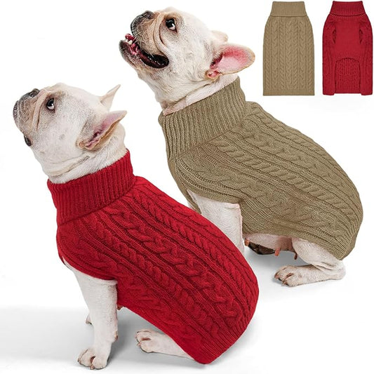 2 Pack Dog Sweaters for Medium Dogs Turtleneck Pullover Cable Knit Stretch Clothes French Bulldog Dachshund Boston Terrier Corgi Beagle Pug Boy Girl Pets Winter Clothes (L, Red & Brown)