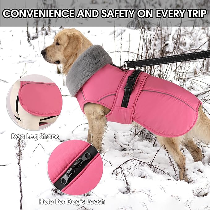 PETDSH Dog Coat Large, Windproof Dog Jacket with Warm Fleece Lining, Thickened Collar Dogs Winter Coat, Adjustable Reflective Pet Coats for Cold Weather (Pink, XXX-Large)