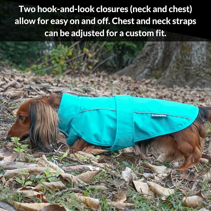 DJANGO Dog Jacket & Raincoat – Lightweight Water-Resistant Coat for Small, Medium & Long Dogs Like Dachshunds – Reflective, Adjustable Fit, Harness-Compatible & Easy-Access Harness Hole - Blue, Large