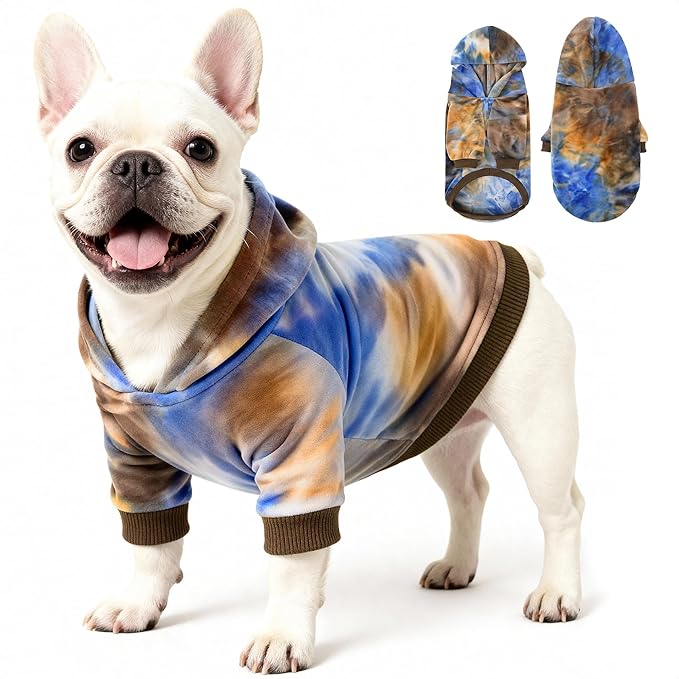 WOYYHO Tie Dye Dog Hoodie & Sweatshirt - Premium Velvet Soft Lightweight Pullover for Small Medium Dogs, Cozy Puppy Sweater for Chihuahua Dachshund, Multi Blue Browm M