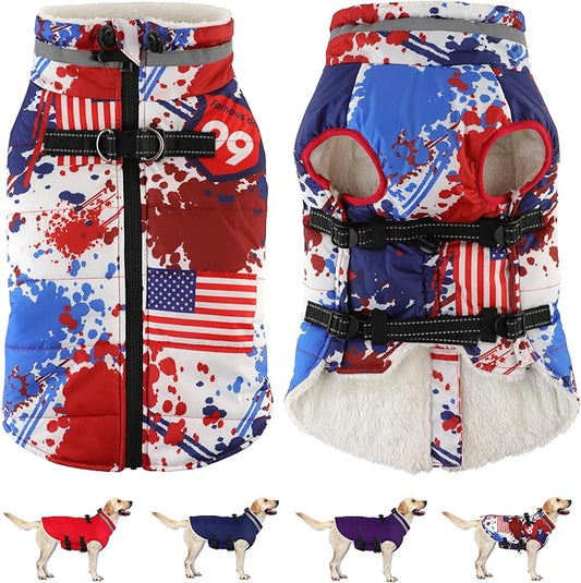 Dogcheer Dog Winter Coat, American Flag Dog Jacket with Harness, Adjustable Puppy Coat with Zipper, Waterproof Pet Fleece Jacket Snowsuit for Small Medium Large Dogs - US Flag L