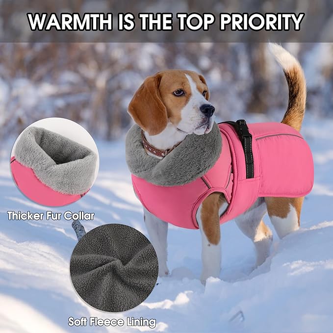 PETDSH Dog Coat Medium, Windproof Dog Jacket with Warm Fleece Lining, Thickened Collar Dogs Winter Coat, Adjustable Reflective Pet Coats for Cold Weather (Pink, Medium)