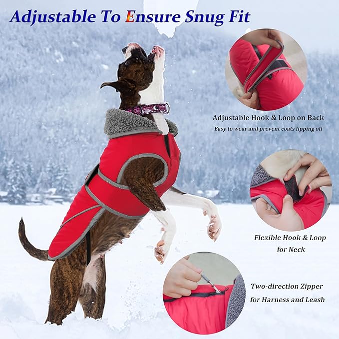 Dogcheer Dog Coat, Waterproof Dog Jacket Reflective Pet Winter Coat with Adjustable Hook & Loop, Christmas Puppy Fleece Jacket Warm Turtleneck Snowsuit for Small Medium Large Dogs - Red, 3XL