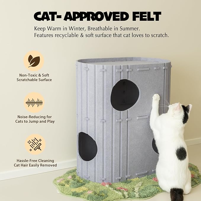 PETKARAY 2-Story Felt Cat House, Large Bed Cave for Indoor Cats, Felt Tunnel Hideaway Condo for Multi-Cat Households, 23.6x22x12 inches, Grey