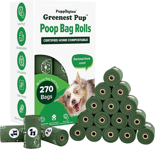 Puppington Certified Home Compostable Poop Bags - ASTM D6400 Compliant - 270 Extra Thick Bags - Plant Based - Pairs with Puppington 3-in-1 Bag & Fits all Standard Poop Bag Dispensers (Basil Green)