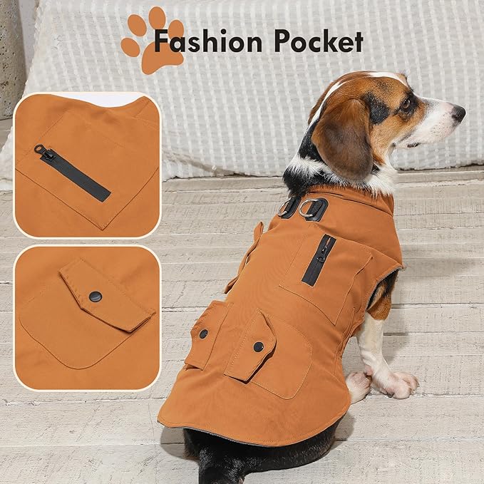Workwear Style Dog Coats with Harness Built in for Small Dogs Windproof Warm Puppy Jacket with Storage Pockets for Cold Winter,BrightBeige L