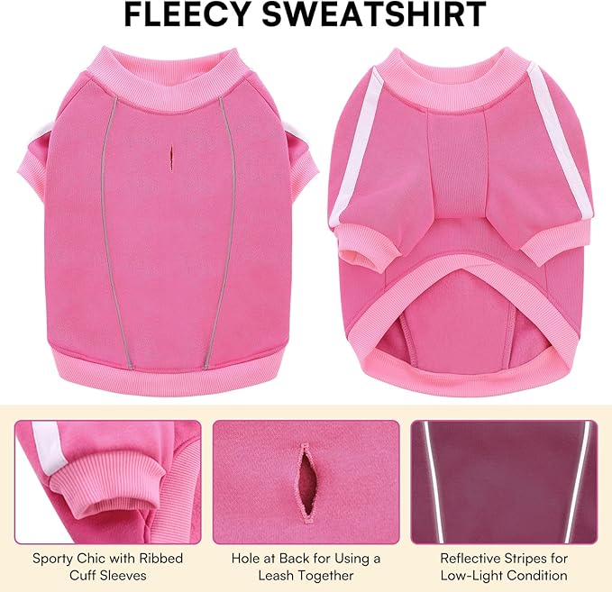 Queenmore Fleece Dog Sweater for Girl Dogs, Pullover Pink Dog Sweatshirt Sweatshirt with Leash Hole, Reflective Stripes – Cozy Winter Fleece Jacket for Small/Medium/Large Femal Puppy L