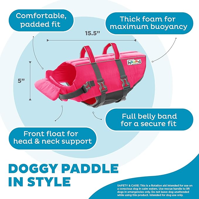 Outward Hound Granby Splash Dog Life Jacket, High-Buoyancy Dog Life Vest for Swimming, Boating, and Water Safety, Medium, Pink