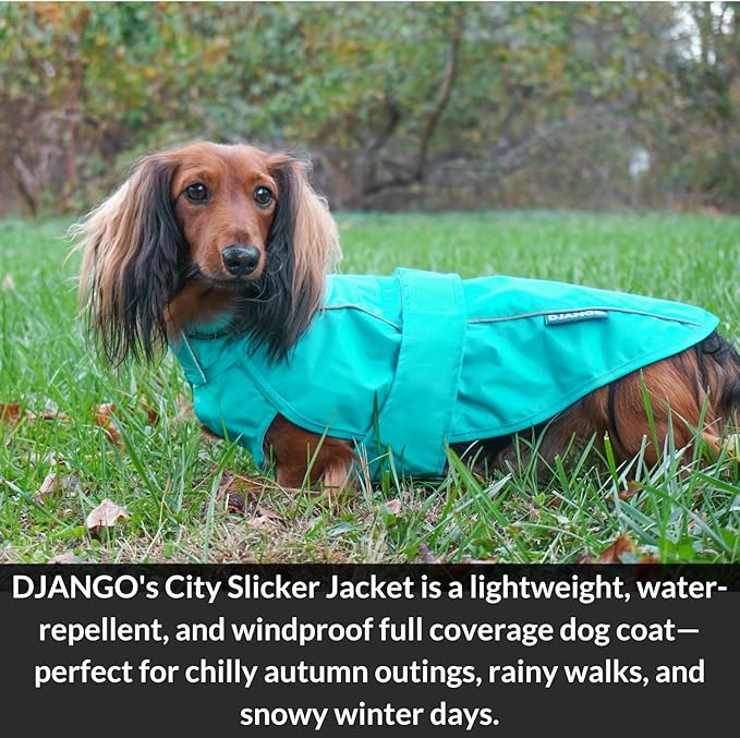 DJANGO Dog Jacket & Raincoat – Lightweight Water-Resistant Coat for Small, Medium & Long Dogs Like Dachshunds – Reflective, Adjustable Fit, Harness-Compatible & Easy-Access Harness Hole - Blue, Large