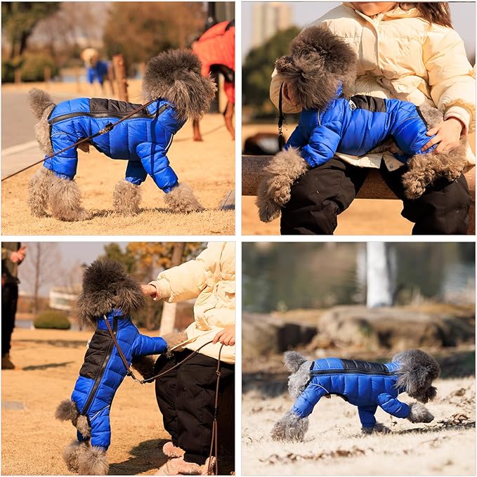 Warm Dog Jacket, 4 Legs Covered Waterproof Windproof Reflective Vest, Zippered Adjustable Outdoor Snow Jacket for Small to Large Dogs, Blue