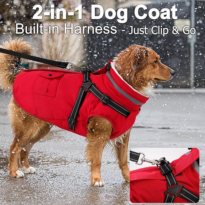 Dogcheer Dog Coat with Harness, Waterproof Warm Dog Winter Jacket with Pockets, Reflective Pet Fleece Jacket Turtleneck Snowsuit for Small Medium Large Dogs - Red, XL