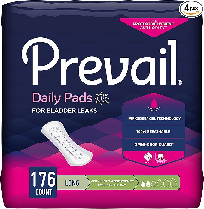 Prevail Proven - Prevail Incontinence Bladder Control Pads - Bladder Leak Pads - Very Light Absorbency, Long, 176 Count (4 Packs of 44)