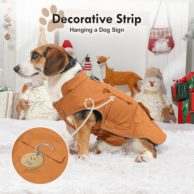 Workwear Style Dog Coats with Harness Built in for Small Dogs Windproof Warm Puppy Jacket with Storage Pockets for Cold Winter,BrightBeige L